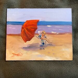 Delilah Smith “Beach Read” oil painting on canvas panel. 8” x 10”.